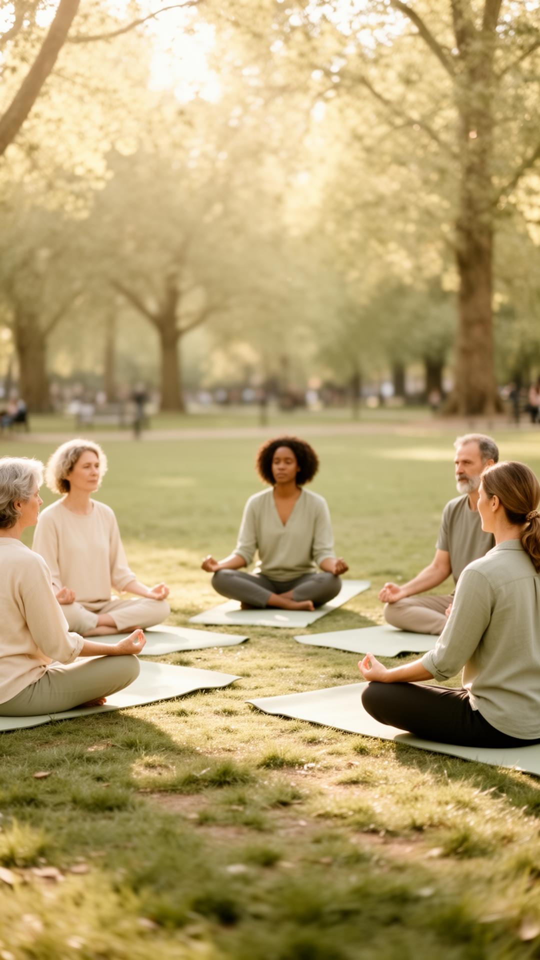 Small group of adults in a calm outdoor mindfulness session in a London park